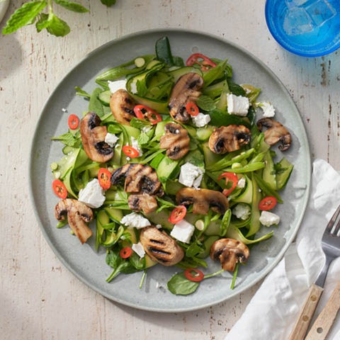 Grilled Mushroom, Zucchini & Snow Pea with Feta Spring Salad