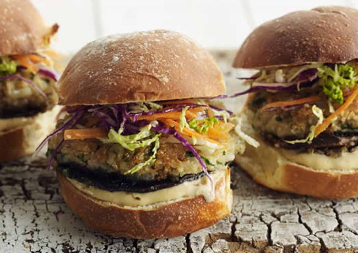 Mushroom, quinoa & bean burgers with slaw & miso mayo