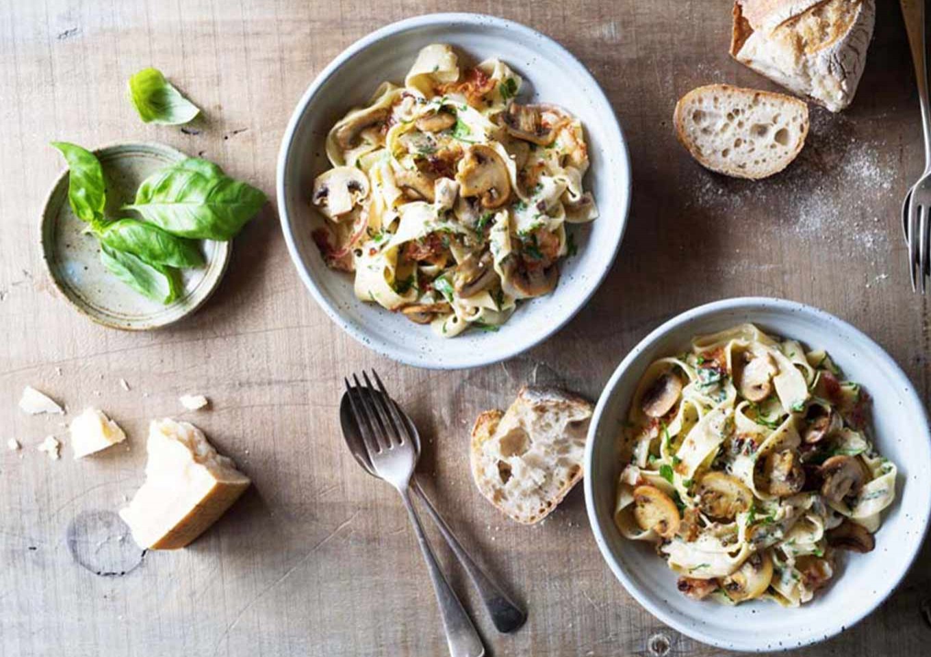 Creamy Mushroom Pappardelle with pancetta and herbs