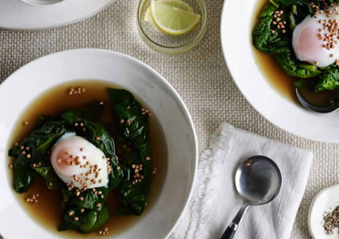 Beef & mushroom broth with poached egg & toasted buckwheat