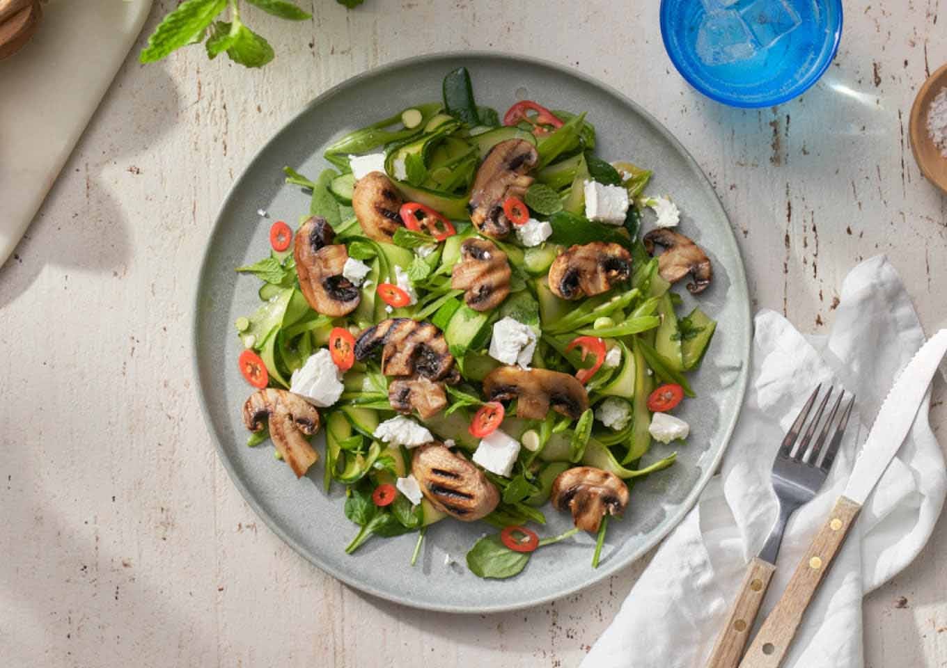 Grilled Mushroom, Zucchini & Snow Pea with Feta Spring Salad