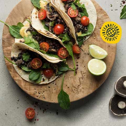 Portabello & Black Bean Tacos with Smoked Cheese and Coriander Queso