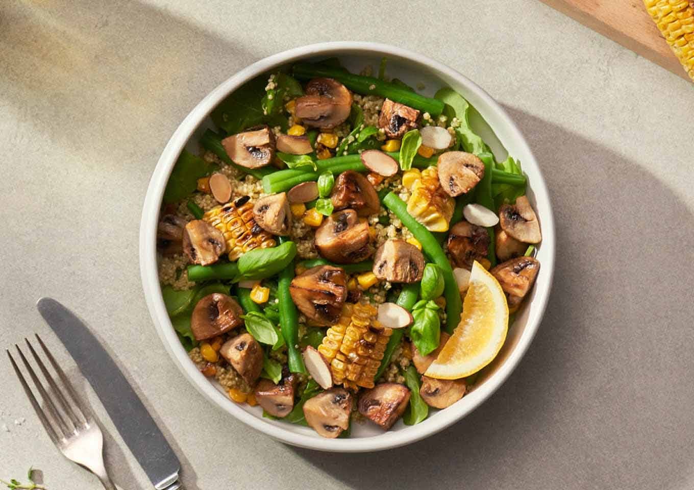 Grilled Corn, Mushroom & Green Bean Pesto Quinoa Salad