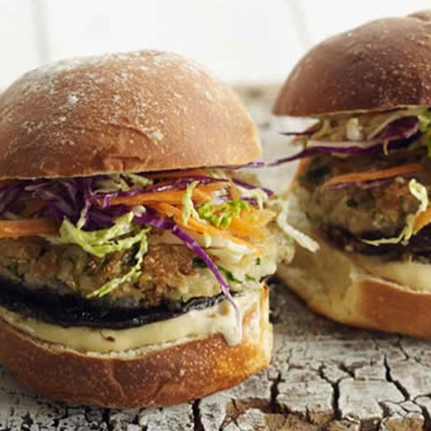 Mushroom, quinoa & bean burgers with slaw & miso mayo