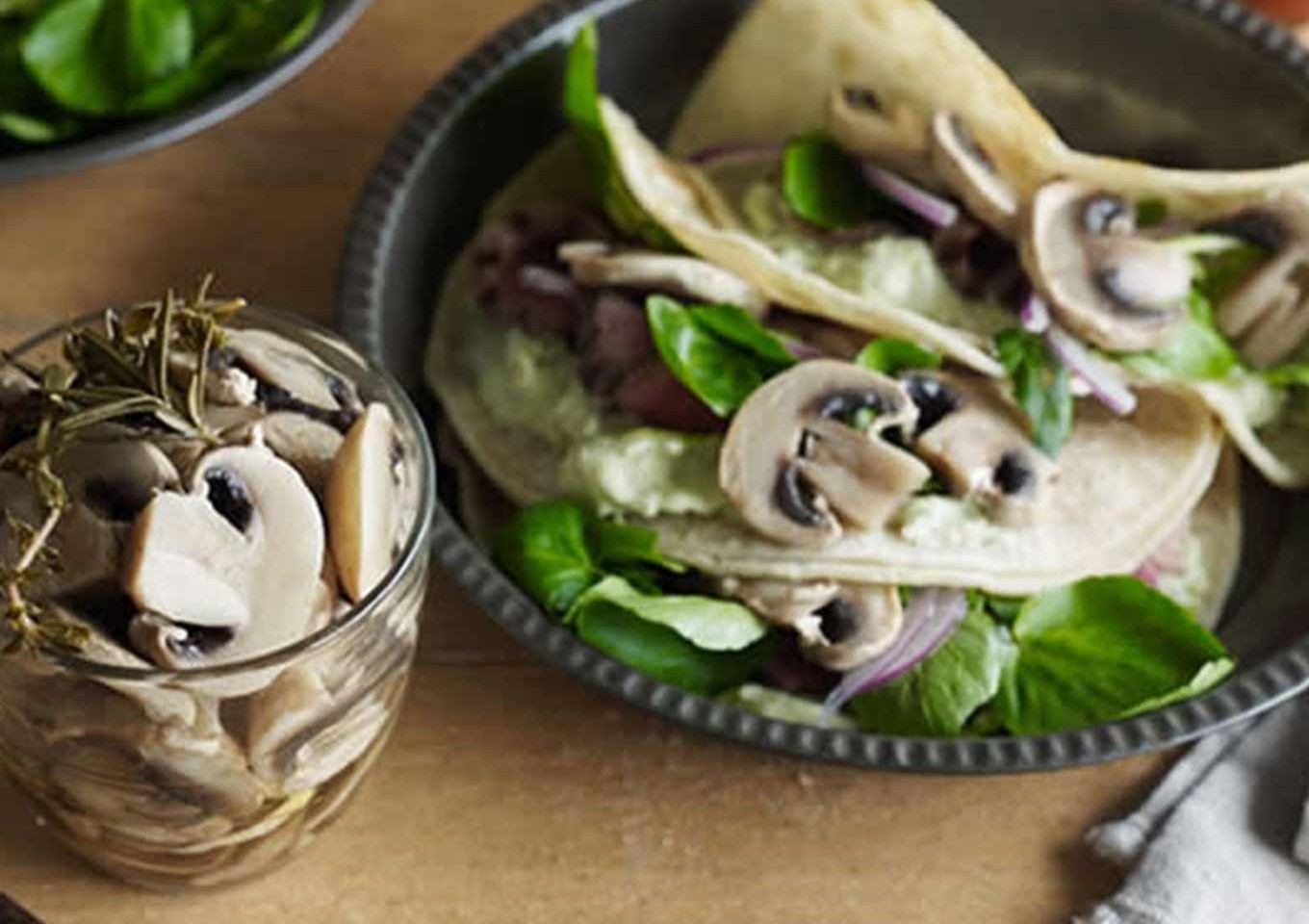 Pickled mushrooms with beef tacos