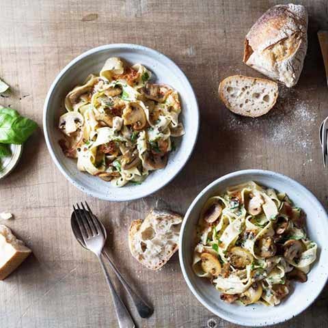 Creamy Mushroom Pappardelle with pancetta and herbs