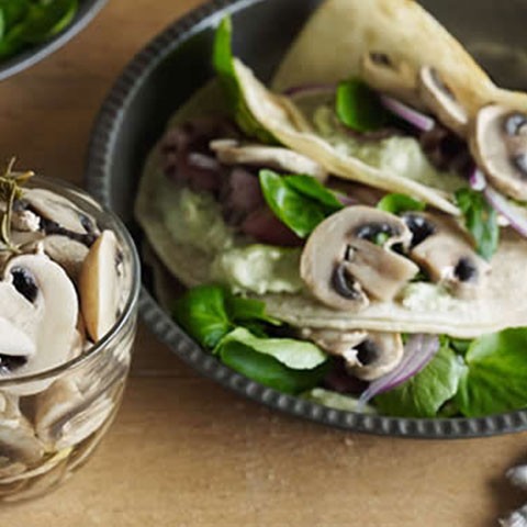 Pickled mushrooms with beef tacos