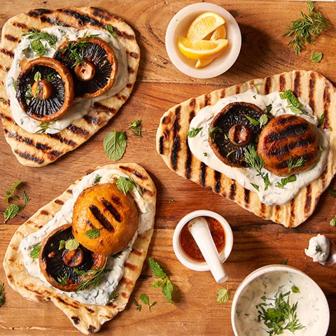 Grilled Harissa Mushrooms with Yoghurt in Flatbread