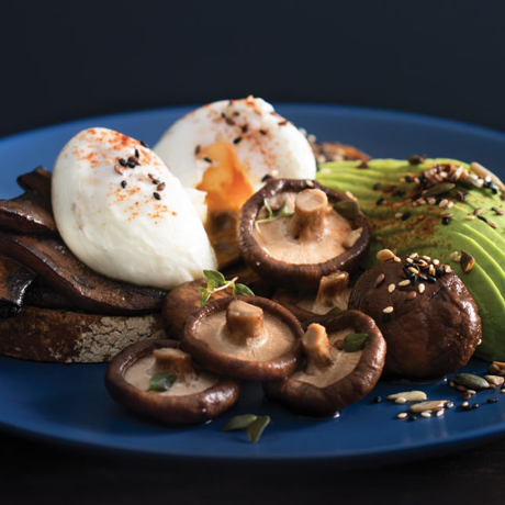 Mushrooms on toast with poached eggs, pickled shiitake and avocado